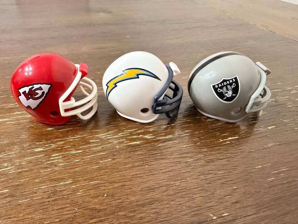 Lot of 3 NFL Pocket Pro Mini Football Helmets - Chiefs, Chargers, Raiders